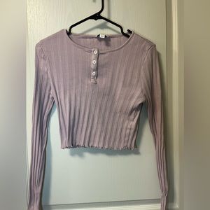 TOPSHOP Long Sleeve Ribbed Crop Top Button Neck Line Detail